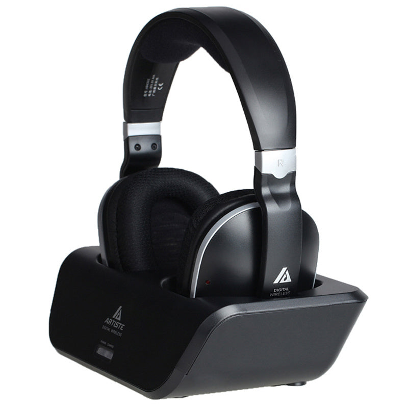 Wireless on-ear headphones in charging dock, designed for immersive sound and comfort.