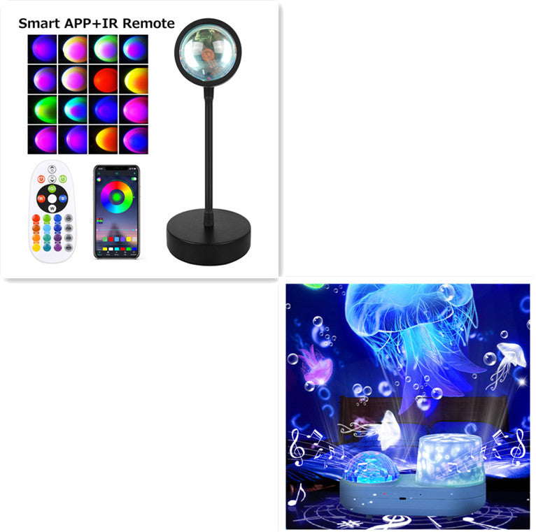 Sunset projection lamp casting warm colors, showcasing remote control and various light effects for cozy ambiance.