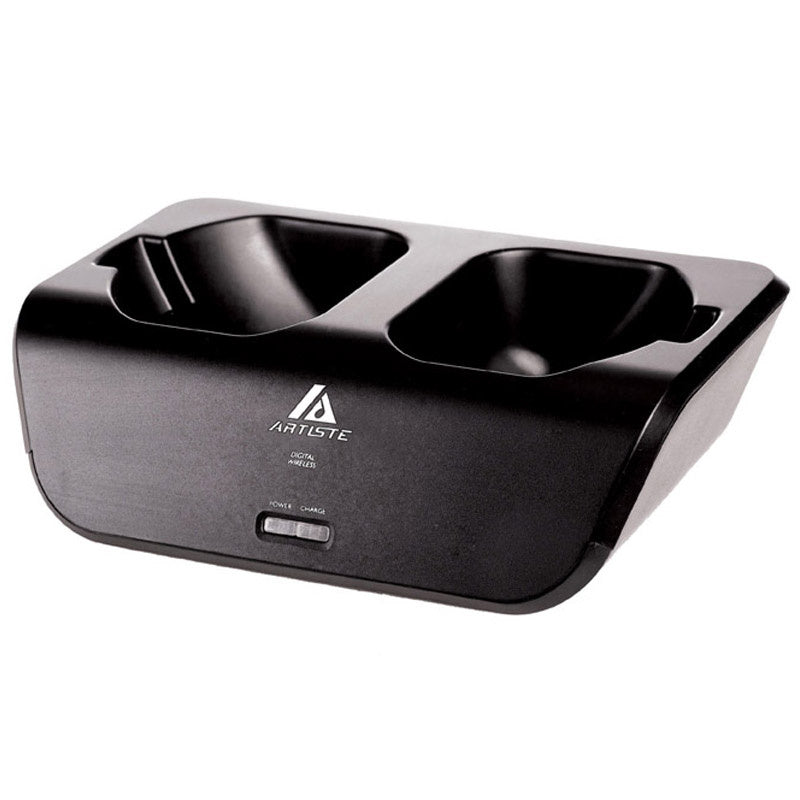 ArtistE dual charging dock for wireless headphones, black design with charging indicator and dual housing.