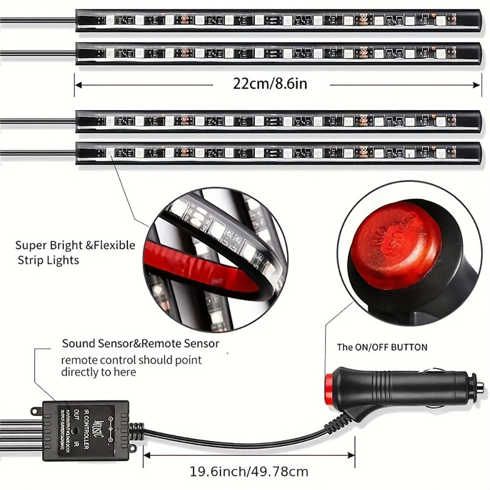 Auto LED RGB Interior Atmosphere Strip Light Decorative Foot Lamp With USB Wireless Remote Music Control Multiple Modes For Car